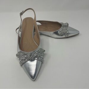 BCBGeneration Katly Metallic Silver Rhinestone Slingback Flats Bow Women’s 9.5M